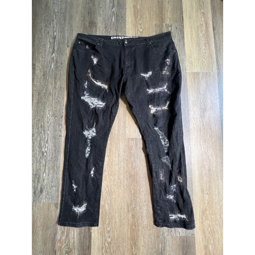 Grindhouse Distressed Jeans Mens 44 Black Ripped Patchwork Streetwear Pants